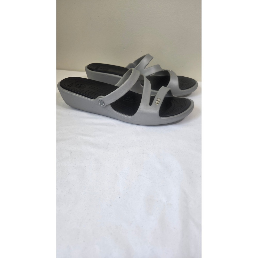 Crocs Patricia Silver Black Wedge Sandals Womens 11 Strappy Slide Comfort Shoes - Picture 3 of 5